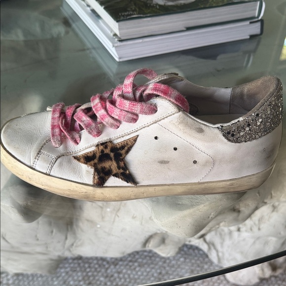 Golden Goose White Sneakers with Pink Laces and Leopard Star